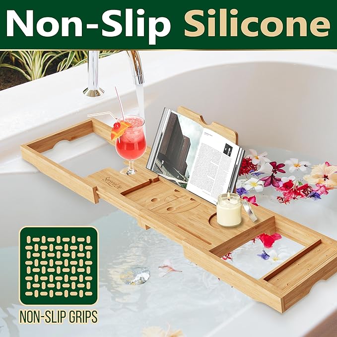 SereneLife Bathtub Tray - Expandable Bath Tray for Tub, Foldable Adjustable Bamboo Caddy with Non-Slip Handles, Device Holder and Wine Glass Slot for Bathing Luxury (Folding, Hard Back)