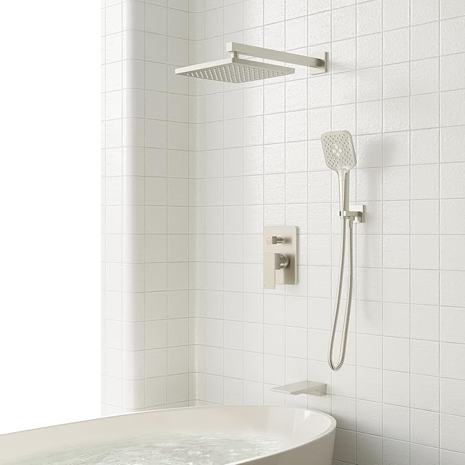 Gabrylly Shower System with Tub Spout, Wall Mounted Tub Shower Faucet Set for Bathroom with High Pressure 10" Rain Shower head and 3-Setting Handheld Shower Head Set, Brushed Nickel