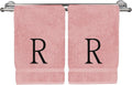 Monogrammed Hand Towel, Personalized Initial Gift, Extra Absorbent 100% Turkish Cotton - Soft Terry Finish - Set of 2 - Black Block Initial R - Embroidered on Pink Towels