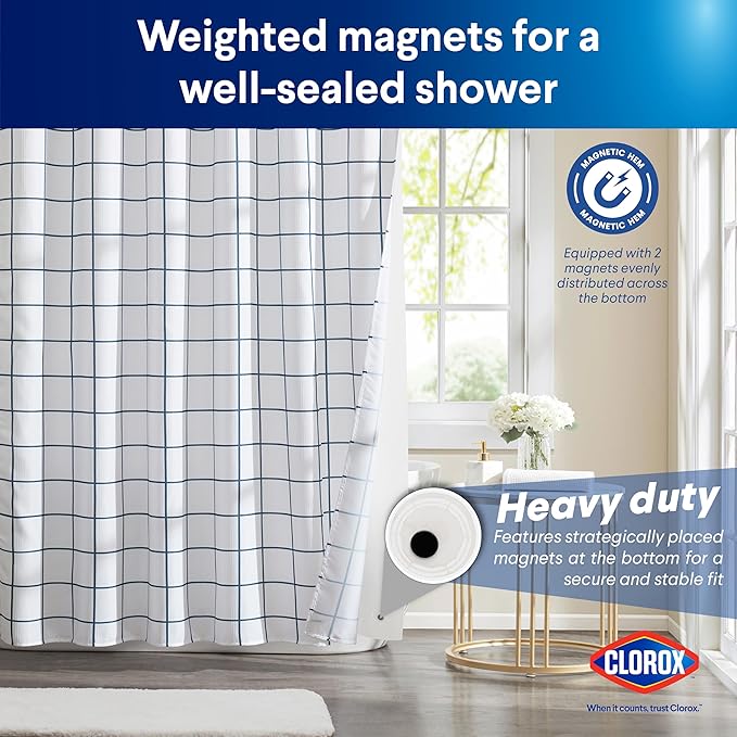 CLOROX Bathroom Waffle Windowpane Pattern Shower Curtain with Waterproof Lightweight PEVA Liner Set, Standard Size, Metal Grommets, No Hooks 72" x 72" - 2 Pc Set - Navy Blue w Frosty PEVA