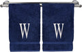 Monogrammed Hand Towel, Personalized Initial Gift, Extra Absorbent 100% Turkish Cotton - Soft Terry Finish - Set of 2 - White Block Initial W - Embroidered on Navy Blue Towels
