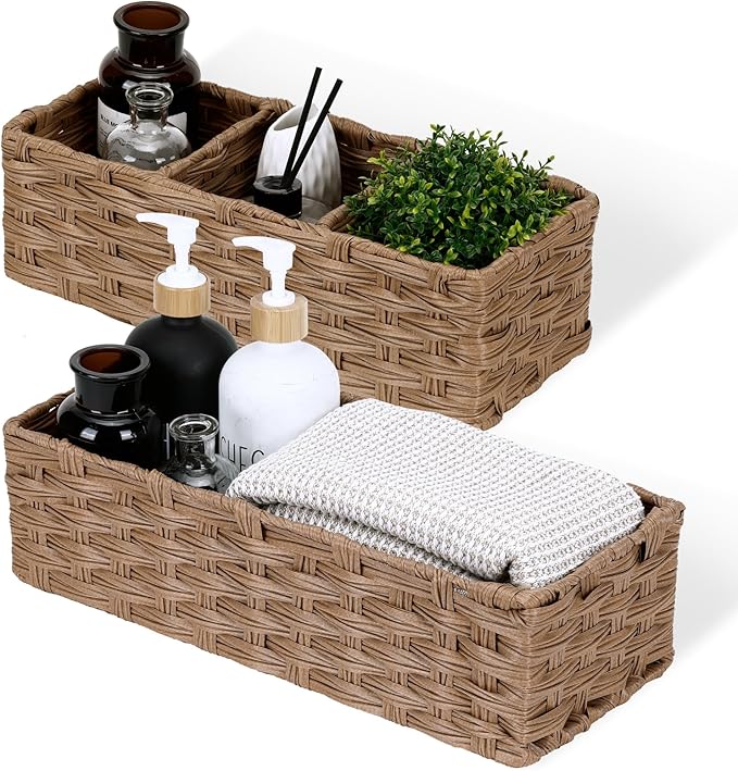 DULLEMELO Small Wicker Toilet Tank Basket Set of 2 Waterproof Bathroom Baskets for Organizing, Brown
