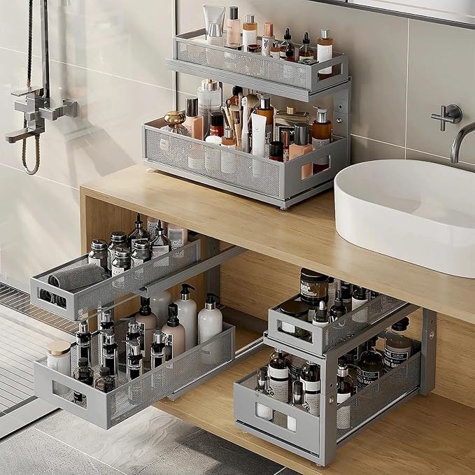 2 Pack 18.5IN-Depth Under Sink Organizer With Next-Gen Ball-Bearing Slides,2-Tier Pull Out Cabinet Storage,Height Adjustable Drawer Shelf for Bathroom,Kitchen,Laundry,Cabinet,Pantry-Gun Gray