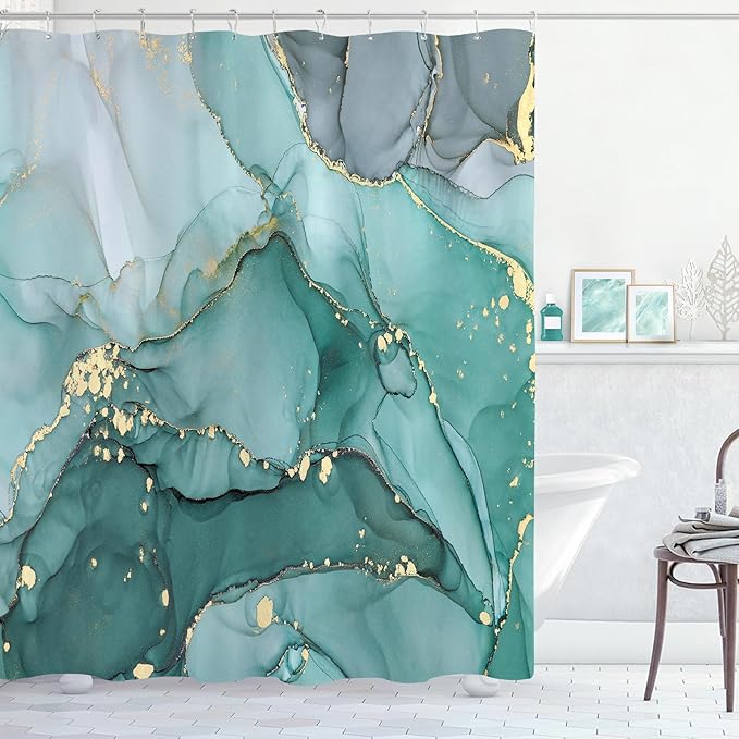Extra Long Shower Curtain 72 x 96 Inch, Turquoise Floor to Ceiling X-Long Abstract Marble Shower Curtains for Bathroom, Modern Luxury Art Ink Fabric Shower Curtain Set with Hooks