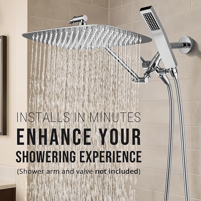 G-Promise All Metal 16 Inch Dual Square Shower Head with Handheld Spray Combo, Rain Shower Head, Adjustable Extension Arm, 3-Way Diverter, 71 Inch Extra Long Hose - A Bathroom Upgrade (Chrome)