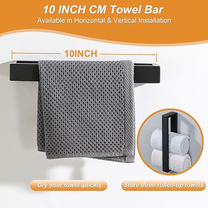 SAYAYO 6-Piece Bathroom Hardware Set Black, Includes 10 Inch Towel Bar, Toilet Paper Holder & 4Pcs Coat Hooks Wall Mount, Towel Racks for Bathroom Accessories Set SUS304 Stainless Steel