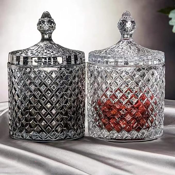 Colorful Home Decorative Jar Qtips Holder Dispenser Glass Storage Container Bathroom Counter Vanity Organizer for Bath Salts/Swabs/Rounds Makeup Sponges Toothpick Jewelry(Black Silver,L)