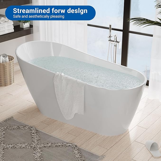 67 Inch Acrylic Freestanding Bathtub, Bathtub with Matte Drain and Overflow, Modern Square Tub with Deep Ergonomic Design and Double-Walled Insulation, Double-Walled Insulation, cUPC Certified