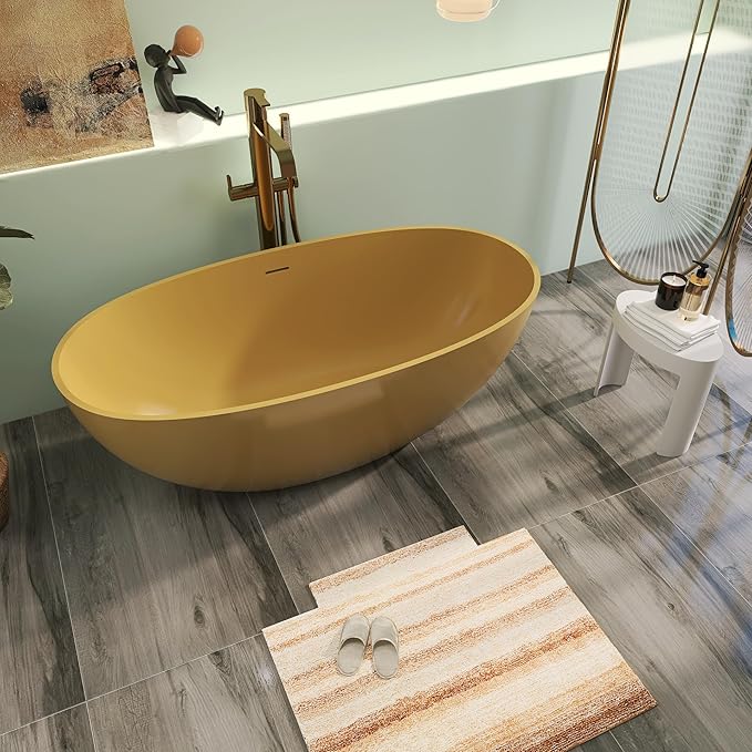 61" Premium Solid Surface Freestanding BathTubs, Upgraded Camel Design Stand Alone Tub with Overflow and Pop-up Drain