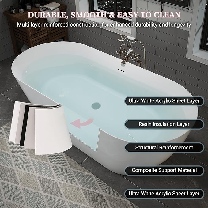 ABRUZZO 55" Acrylic Freestanding Bathtub - Oval Deep Soak Tub, Center Drain & Overflow, cUPC Certified Glossy White