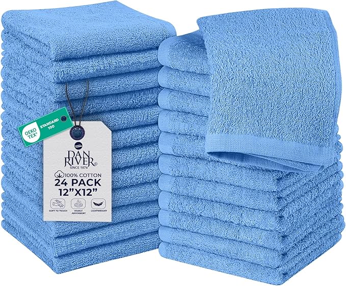 DAN RIVER 24 Pack Wash Cloths for Showering [12x12] - 100% Cotton Washcloths Premium Quality Flannel Face Cloths for Bathroom, Highly Absorbent and Soft Feel Wash Clothes, M Blue