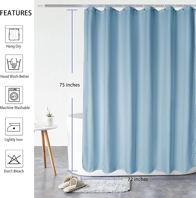 AooHome Extra Long 75 Inch Shower Curtain, Fabric Bathroom Curtain Waffle Weave Plaid Design with Hooks, Weighted Hem, Heavy Duty, Water Repellent, Light Blue