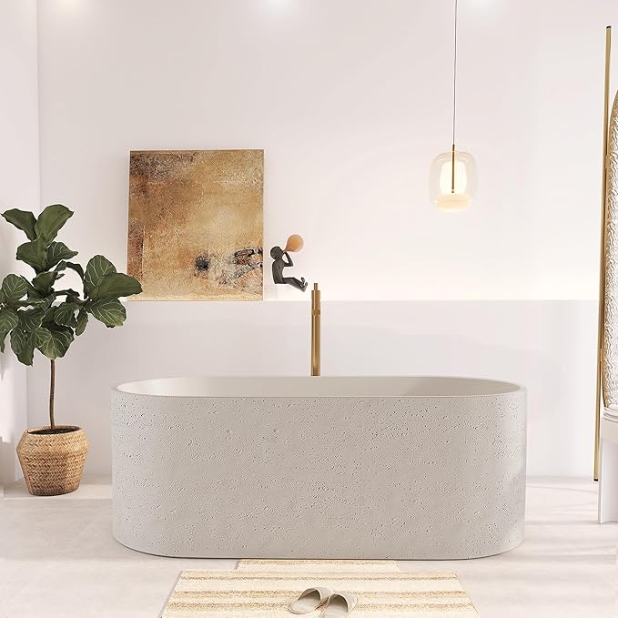 63" Premium Travertine Solid Surface Freestanding Bathtub, Unique Matte Textured Surface Stone Resin Soaking Tub with Pop-up Drain