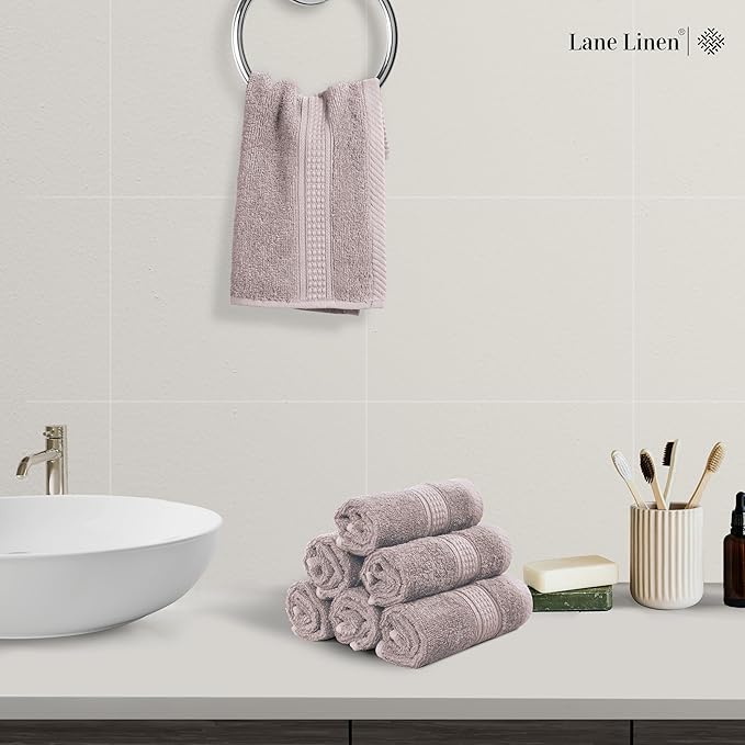 LANE LINEN Hand Towel Set of 6 PC (16"x28") - Turkish Cotton Hand Towel Set - Reinforced Edges, Quick Dry, Soft & Highly Absorbent - Oeko TEX Certified - Mininmal Linting After 3 Washes - Platinum