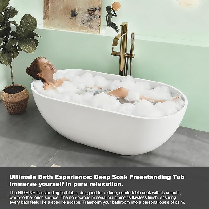 59" Premium Solid Surface Freestanding Bathtubs, Upgraded Matte White Modern Design Stand Alone Stone Resin Tub with Overflow and Pop-up Drain