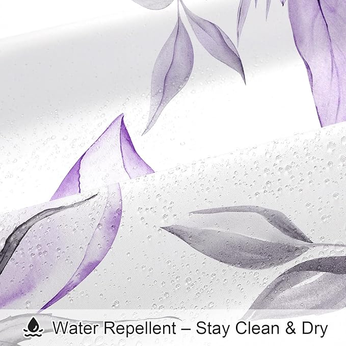 Long Boho Watercolor Floral Shower Curtain 72 x 78, Purple and Grey Ink Painting Style Flower Shower Curtains for Chic Elegant Bathroom, Artistic 78 Inch Long Fabric Shower Curtain