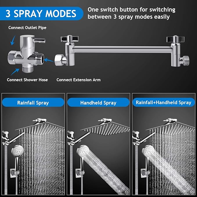 PinWin Modern 12" Large Square Rain Showerhead with 5 Modes Handheld Showerhead Combo, Adjustable Arm, Easy Tool-Free Installation