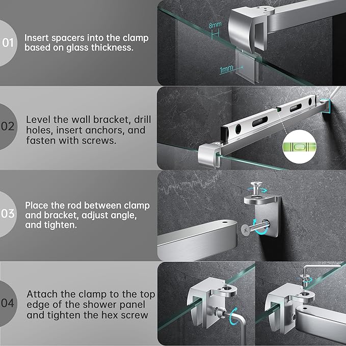 Frameless Shower Door Support Bar, Stainless Steel Wall-to-Glass Support Arm to Fixed Shower Glass Panel, for 1/4"-3/8" (6-10 mm) Door, 180° Pivot & Stow-Flat Mode (Brushed Nickel, 23.6-inch(600mm))