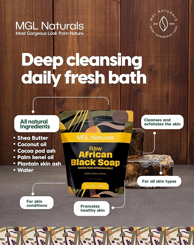 MGL Naturals Raw African Black Soap 5 lb bulk handmade from Ghana, Africa | Vegan & Organic | Face and body deep cleanse wash. (5 lb)