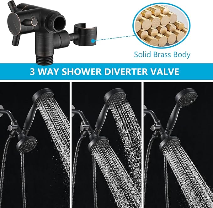 PDPBath Solid Brass 3 Way Shower Arm Diverter Valve with Handheld Holder for Dual Shower Heads with G1/2 Universal Connection - Oil Rubbed Bronze