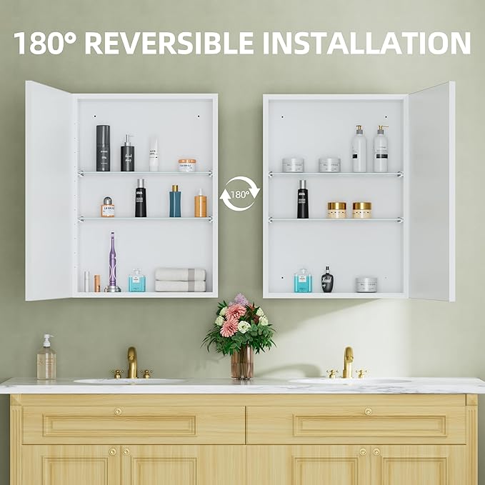 Buruis 20" x 28" Framed Medicine Cabinet with Mirror, Recessed or Wall Mounted Bathroom Cabinet, Adjustable Tempered Glass Shelves, Left/Right Open Reversible, No Assembly Required, White