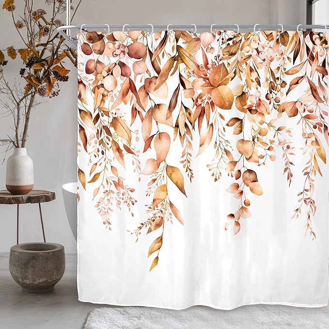 Riyidecor Burnt Orange Fall Autumn Shower Curtain for Bathroom Decor 72Wx72H Eucalyptus Botanical Leaf Plants Watercolor Floral Nature Art Printed Fabric Polyester Waterproof