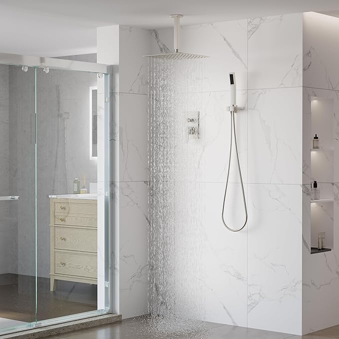WELLFOR 12-In Ceiling Mount Shower System with Single Handle, Pressure-balanced Valve Included, Waterfall Dual Head Shower Head System, Rain Shower System, Shower Faucet Trim Kits, Brushed Nickel