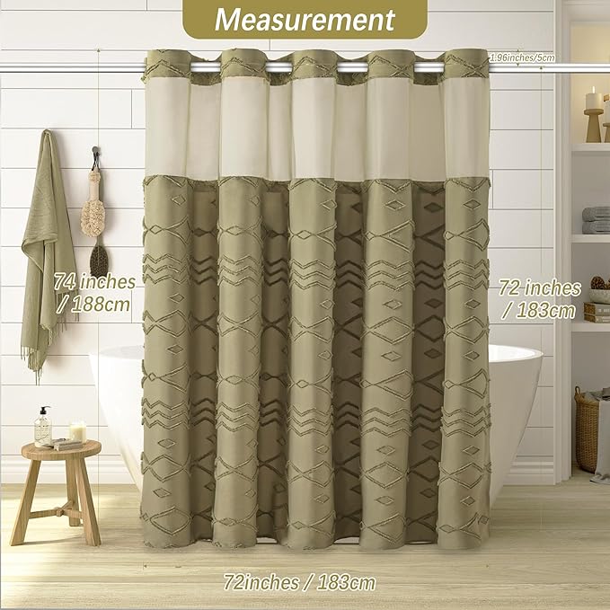 No Hooks Shower Curtain with Snap-in Liner, Taupe Boho Fabric Tufted Chevron Striped Textured Shower Curtains for Bathroom, Water Repellent Hotel Quality Luxury Shower Curtain, 72Wx74H