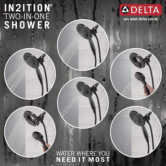 Delta Arvo 14 Series Matte Black Bathtub Shower Faucet Set with In2ition 2-in-1 Dual Shower Head with Handheld Spray Combo, Valve Trim Kit, Matte Black 144840-BL-I (Valve Included)