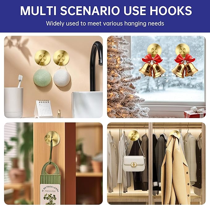 luckin smile Suction Cup Hooks for Shower, No-Drill Removable Towel Hook for Bathrooms, Shower Hooks, Suitable for Bathrooms, Kitchens, Windows, Glass, Powerful Suction Cup Hook (4, Gold)