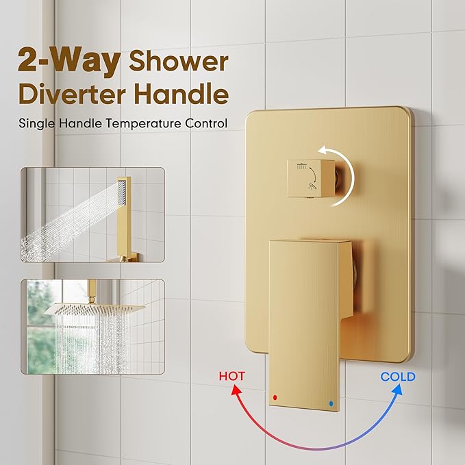 ESNBIA Gold Shower Head System, All Metal 12 Inches Ceiling Shower Faucet Set with Valve, Rain Shower Head with Handheld Spray Combo, Brushed Gold