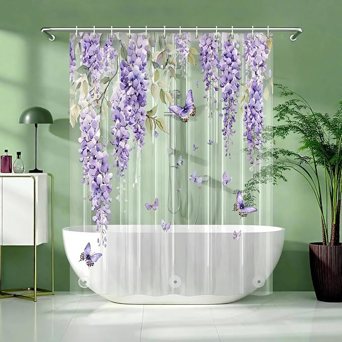 Clear Purple Floral Lavender Butterfly Shower Curtain, Plastic Transparent Cute Pretty Flower Decorative Aesthetic Shower Curtains for Bathroom, 72x72 Weighted Magnetic Shower Curtain Liner with Hooks