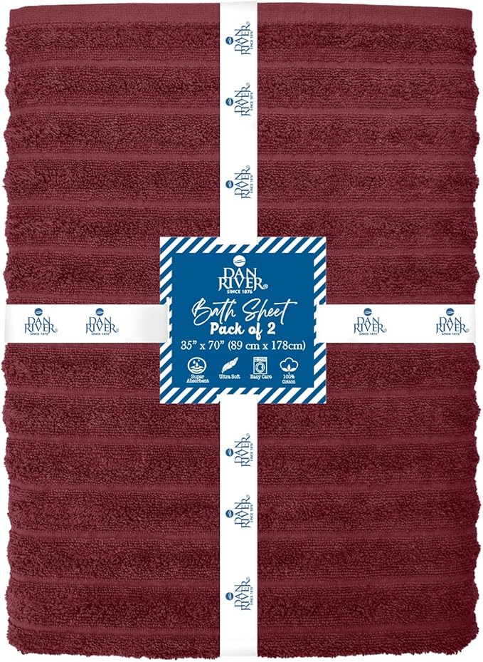 DAN RIVER Pack of 2 Bath Sheet 35x70 Inches, Ribbed Jumbo Bath Towels, Soft and Absorbent Extra Large Towels - Pomegranate