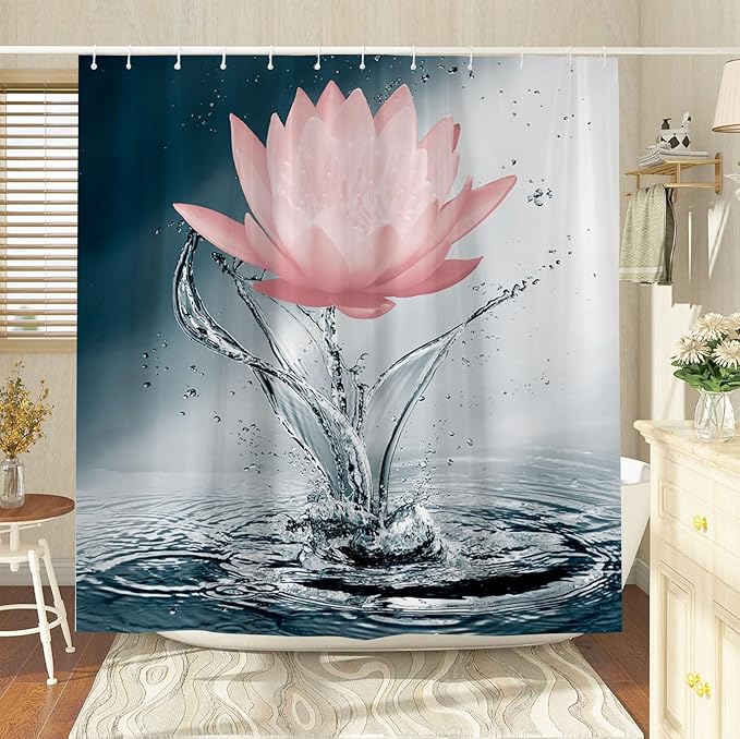 Lotus Shower Curtain Black White Blue Red Flower Elegant Blooming Floral with Dew Spring Flower Reflection on Water Modern Romantic Polyester Fabric Bathroom Decor 70×70 Inch with Hook