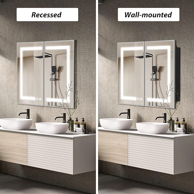 APRILSOUL 40X32 Inch Silver Bathroom Medicine Cabinet with Mirror, Recessed or Surface Lighted Medicine Cabinet with 3 Colors Temperature, Dimmable Light