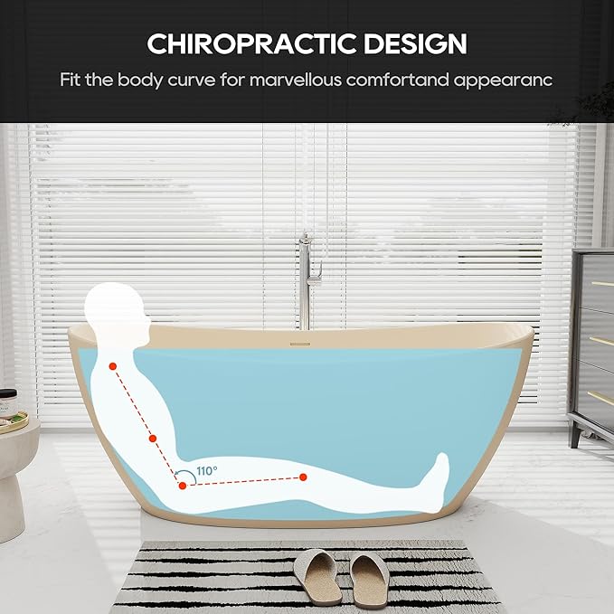 SJ STAR&JANE 65" Solid Surface Freestanding Bathtub Stone Resin Soaking Tub Milk Coffee Double Slippers Stand Alone Oval Tub with Pop-up Drain and Overflow for Bathroom