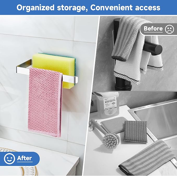 Sponge and Dish Cloth Holder for Kitchen Sink, 2 in 1 Adhesive Sink Dish Sponge Holder, Sinks Caddy Organizer Rack for Storage Sponges Scrubber Glove and Brush, Silver