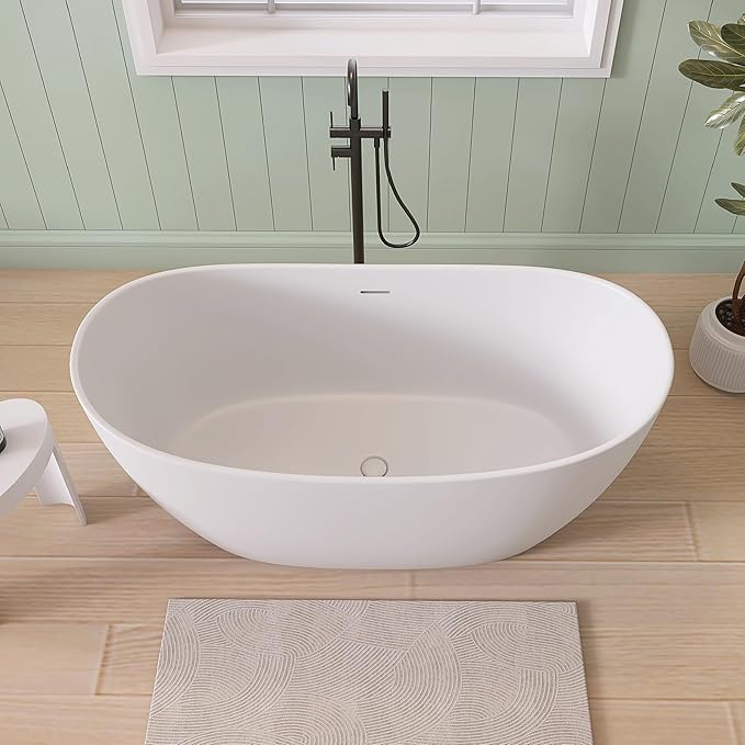 SJ STAR&JANE 55" Solid Surface Freestanding Bathtub Stone Resin Tub Oval Double Slippers Stand Alone Soaking Tub with Pop-up Drain and Overflow, Matte White