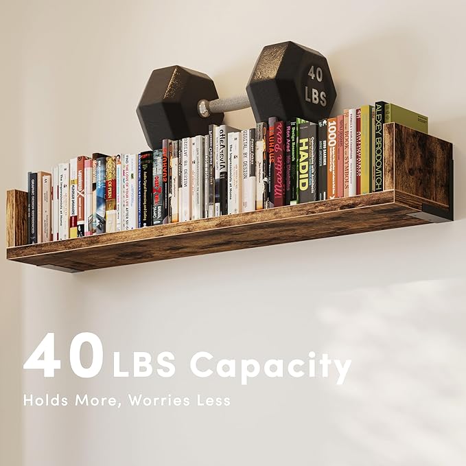 Wall Bookshelf, Set of 3, 36 Inches U Shaped Wall Shelves, Long Deep Floating Shelves, Large Floating Book Shelves - Wood Hanging Bookshelves for Kitchen, Bedroom
