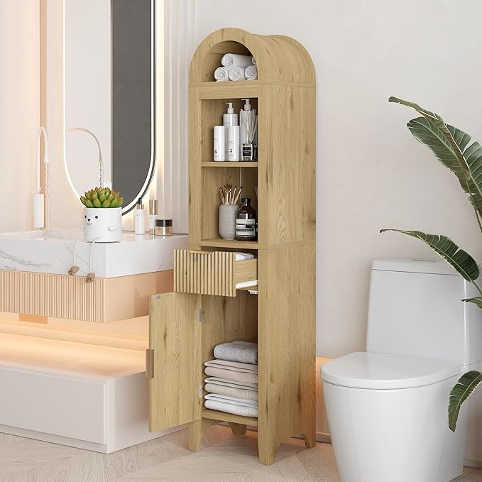 64.2" Arched Bathroom Storage Cabinet with 3 Shelves, Drawer, and Hidden Compartment – Modern Oak Storage Unit for Bathroom, Entryway, Living Room