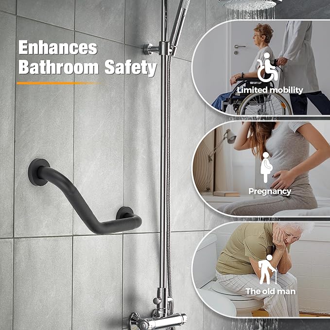 Grab Bars for Bathtubs and Showers- 1-1/4 x 16 Angled Shower Grab Bar for Seniors Knurled Stainless Steel Handicap Grab Bars for Wall (Black, 1 Pack)