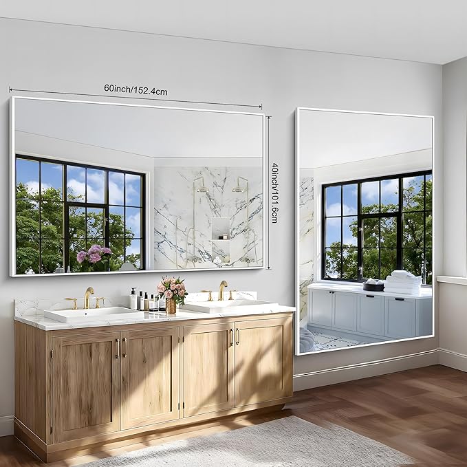 BONEWEI White Bathroom Mirror,60x40 inch Wall Mirror for Bathroom Wall Mounted,Large Rectangle Mirror for Bathroom Over Sink,Modern Metal Frame for Living Room,Bedroom Entryway,Horizontal/Vertical