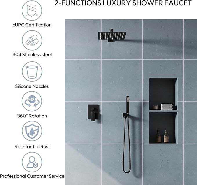 WELLFOR 12-In Wall Mounted Rain Shower Faucet with Single Handle and Handheld Spray, Waterfall Dual Head Shower Head System with 2-way Diverter, Pressure-balanced Valve Included, Matte Black