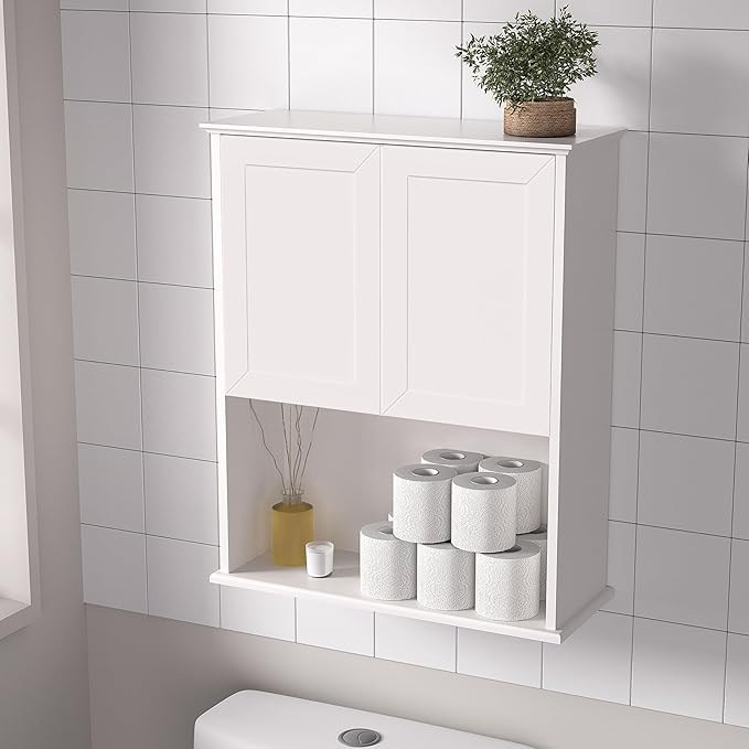 White Bathroom Wall Cabinet,Over The Toilet Storage Cabinet,Bathroom and Laundry Wall Mount Storage Medicine Cabinet with Open and Adjustable Shelf,Easy Assembly (Style A -1 PC, White)