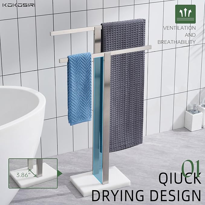 KOKOSIRI Bathroom Towel Racks 2-Tier Standing Towel Bars with Marble Base, Stainless Steel Freestanding Towels Holder, Thicken Steady Design, Brushed Nickel THS0003-BR