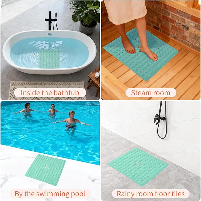 Anti-Slip Bathtub Shower mat, 20.8×20.8（Approximately 53×53cm） inch Soft Oversized Machine Washable Non-Slip Bathtub mat with Drainage Holes, Bathroom Floor Suction Cup.（1-Opaque Mars Green）