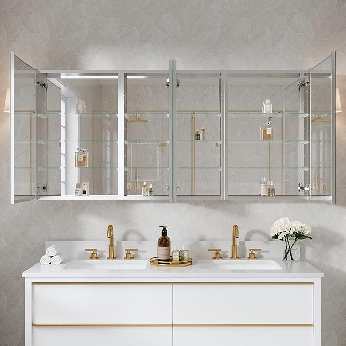 WELLFOR 64" x 30" Rectangle Medicine Cabinet Mirror, Surface Mount or Recessed Medicine Cabinet with Tempered Mirror, Anodized Chrome Aluminum Frame, Bathroom Mirror with Storage