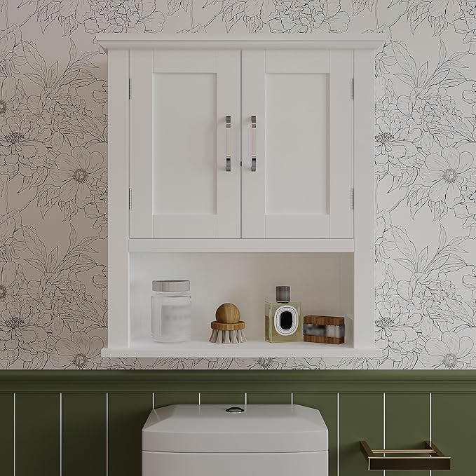 ChooChoo Wood Wall Cabinet with Doors, Medicine Cabinet with Adjustable Shelves Over The Toilet, Hanging Cabinet Wall Mounted for Bathroom, Kitchen, Living Room, White