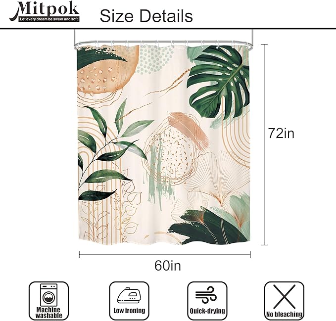 Boho Shower Curtain 60Wx72H Bohemian Modern Mid Century Abstract Sage Green Tropical Palm Leaves Plant Bathroom Decor Minimalist Geometric Neutral Bath Curtain Fabric Polyester 12 Pack Hooks