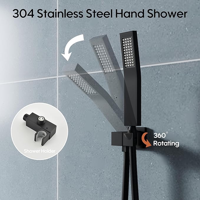 WELLFOR 12-In Wall Mounted Rain Shower Faucet with Single Handle and Handheld Spray, Waterfall Dual Head Shower Head System with 2-way Diverter, Pressure-balanced Valve Included, Matte Black